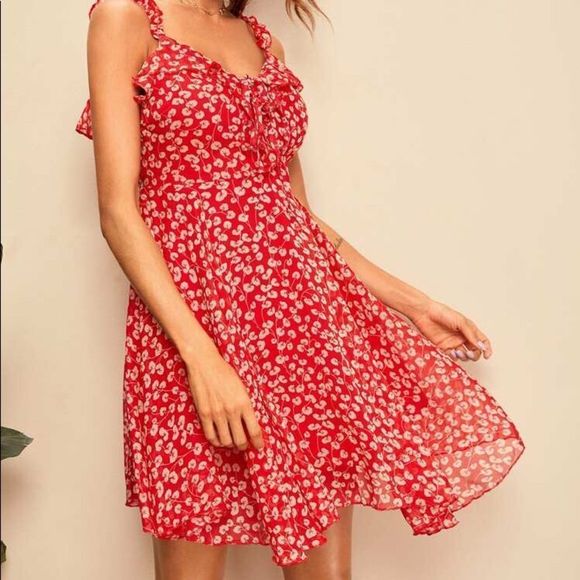 ✨HP✨Ditsy Floral Tie Neck Ruffle Trim Cami Dress✨ - Picture 5 of 8